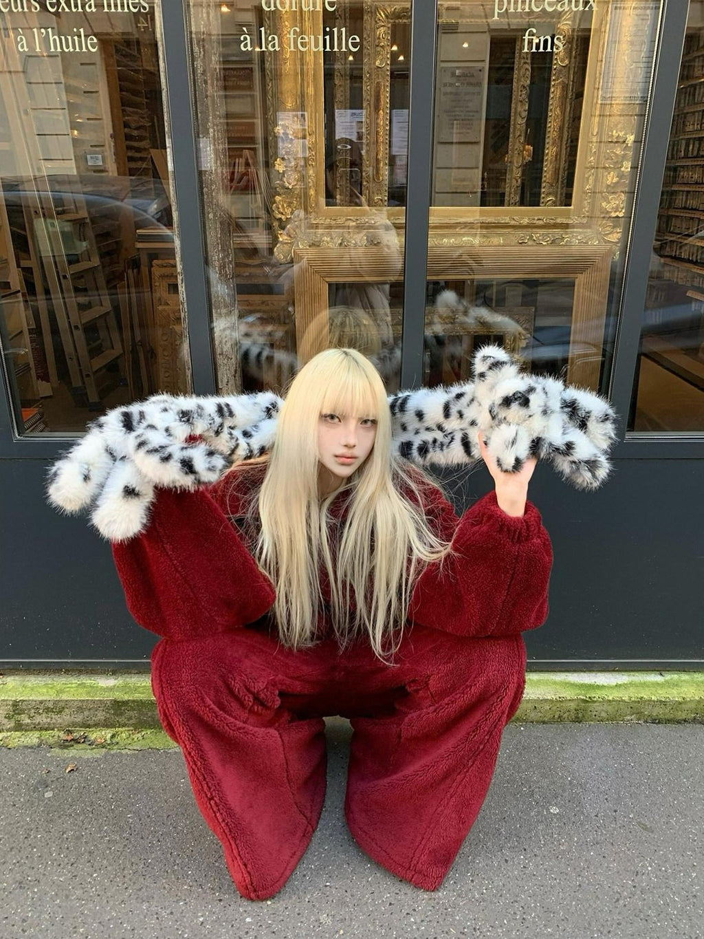 Rase le sol Red Oversized Cropped Women's Polar Fleece Casual Top & Pants Sets