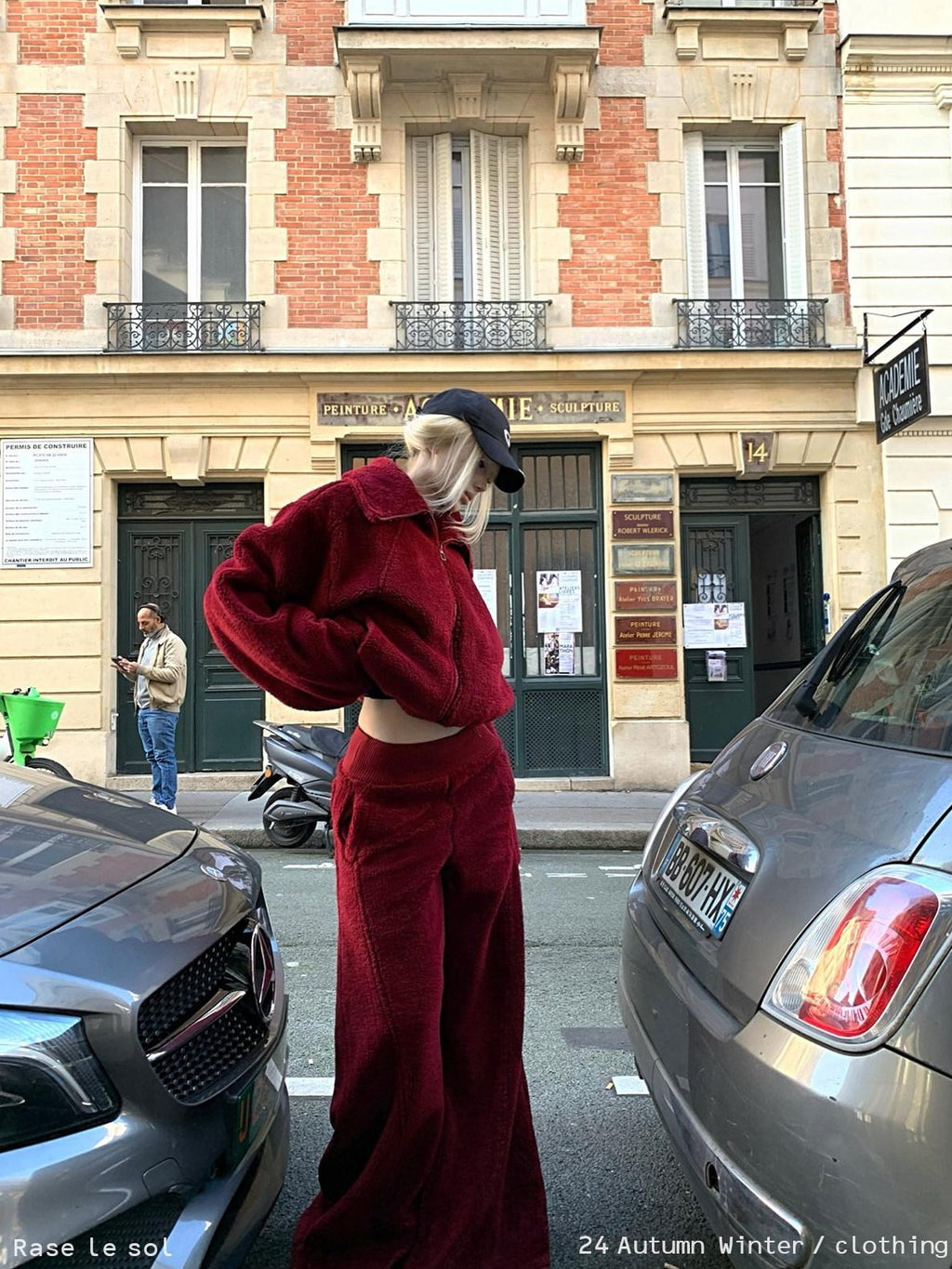 Rase le sol Red Oversized Cropped Women's Polar Fleece Casual Top & Pants Sets