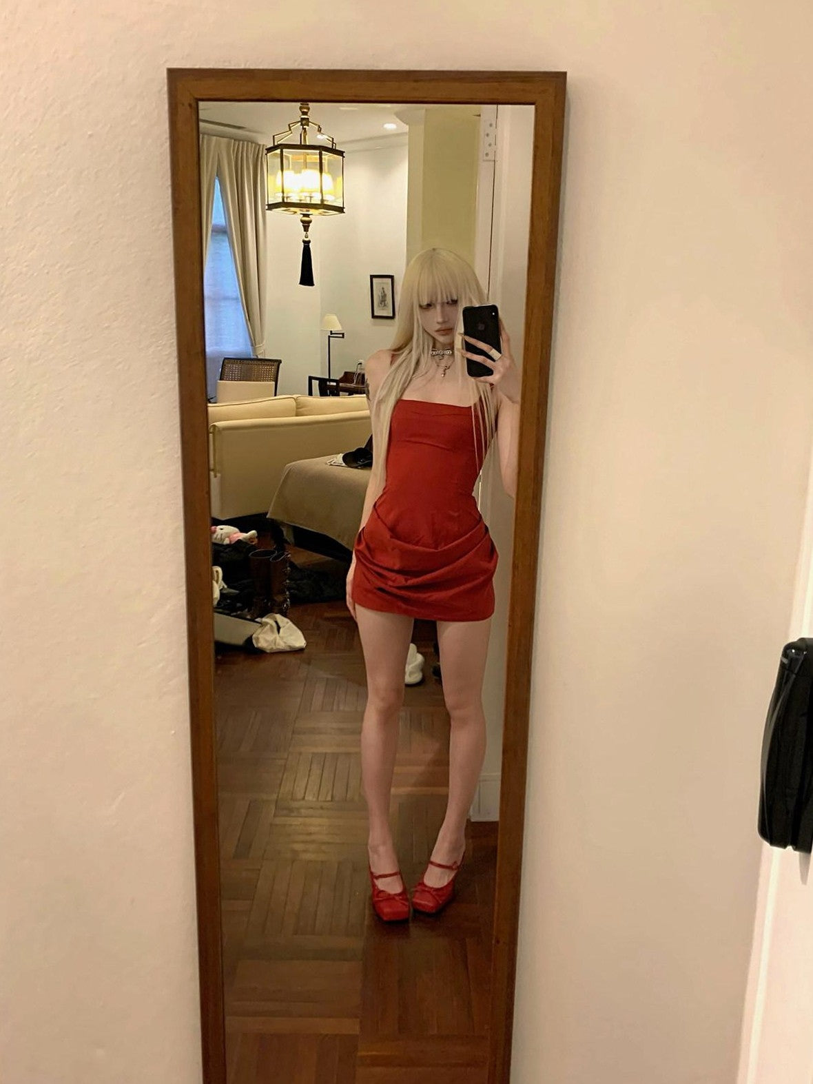 Rase le sol Red Spaghetti Strap Cinched Waist Hip Hugging Women's Bodycon Mini Dresses