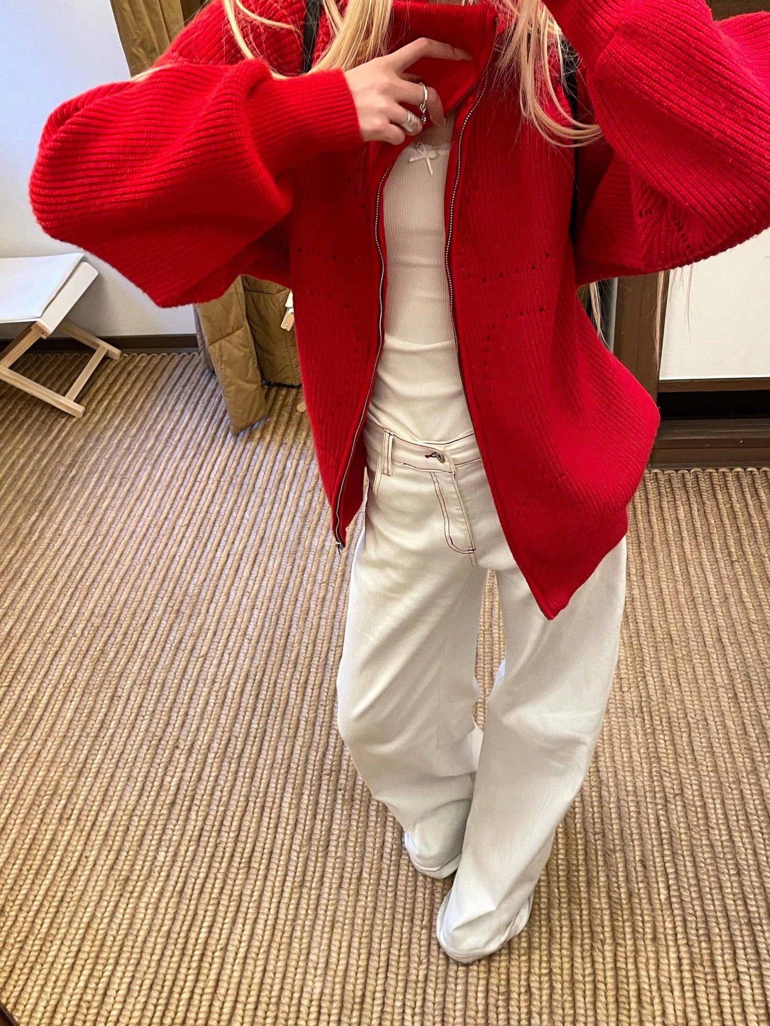 Rase le sol Red Zipper Oversized Women's Knitted Sweater Loose Fit Cardigans