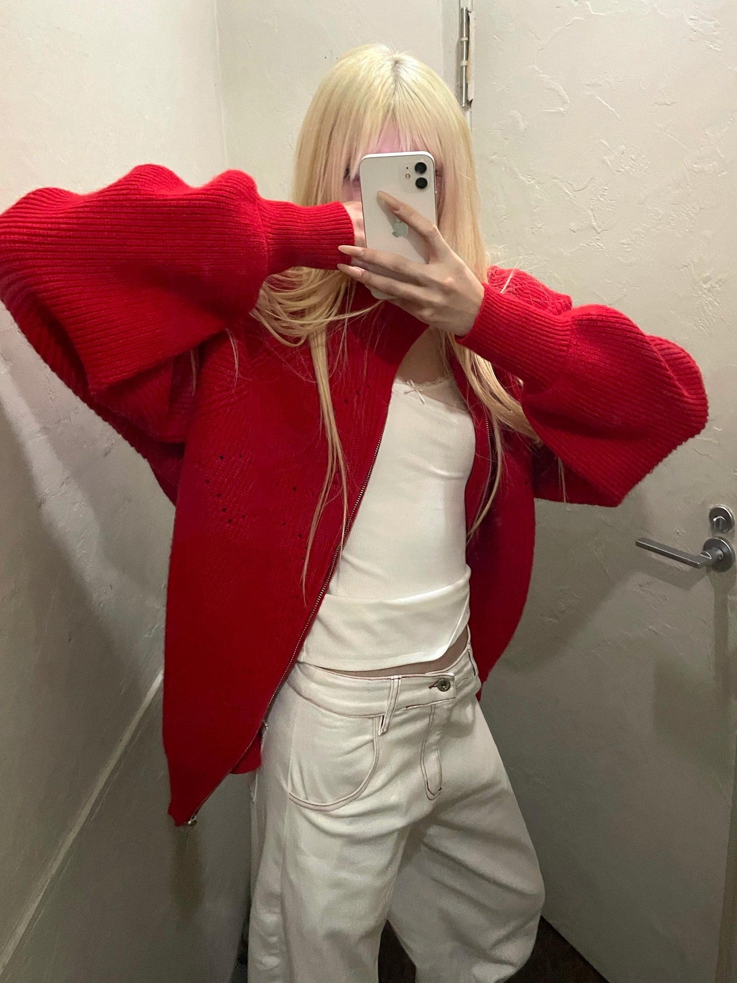 Rase le sol Red Zipper Oversized Women's Knitted Sweater Loose Fit Cardigans