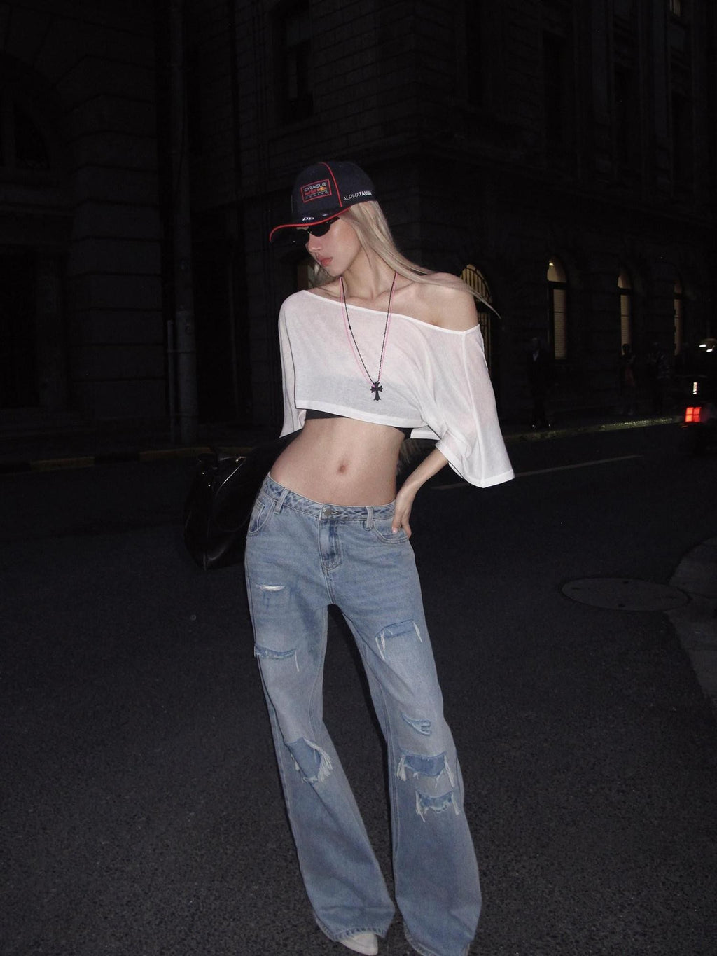 Rase le sol Relaxed Faux Layered Distressed Whisker Women's Denim Straight-leg Jeans