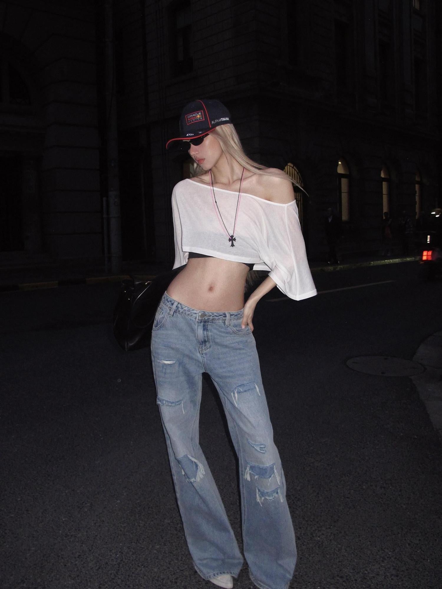 Rase le sol Relaxed Faux Layered Distressed Whisker Women's Denim Straight-leg Jeans