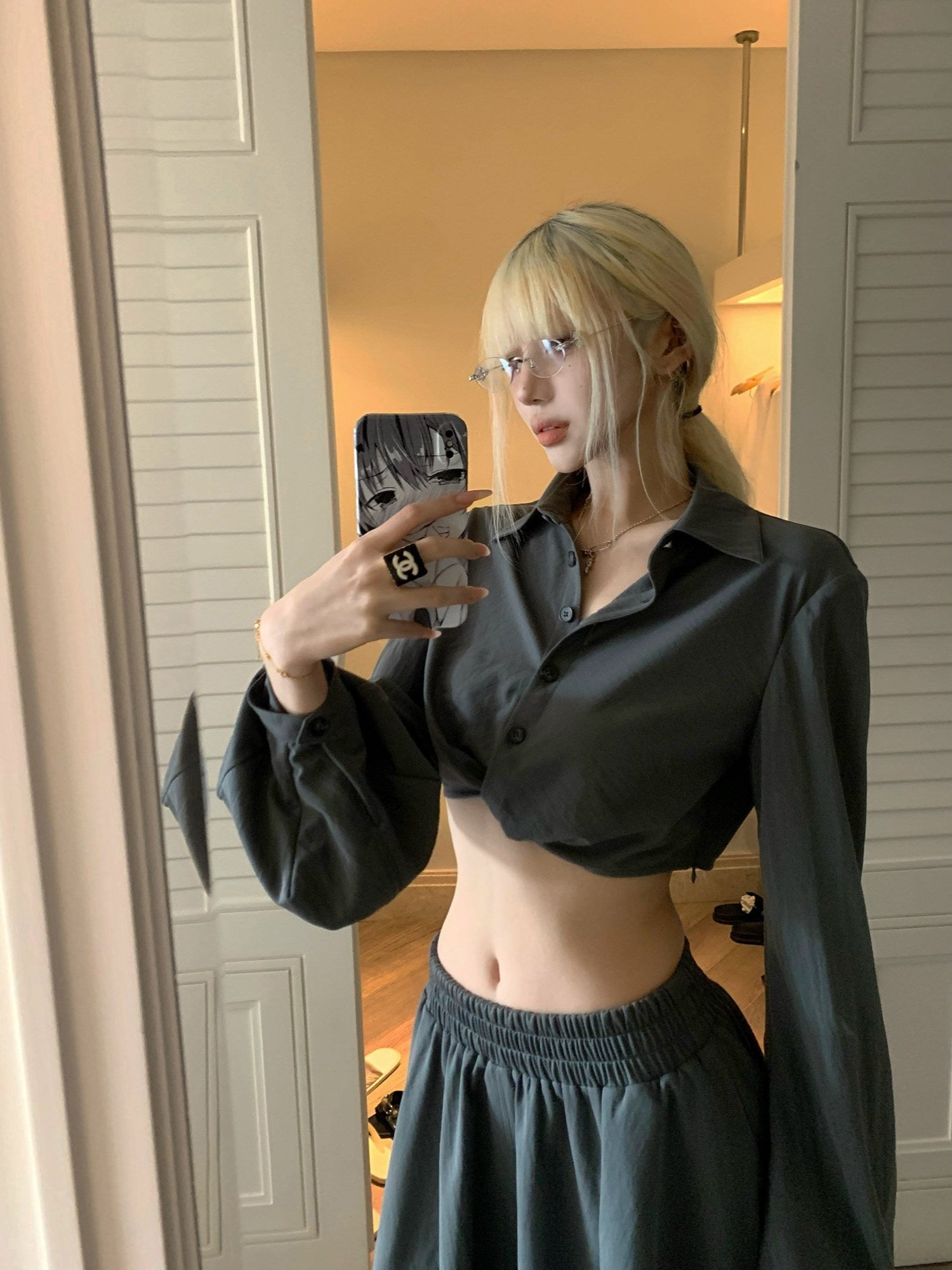 Rase_le_sol_Relaxed_Gray_Cropped_Shirt_Tulip_Hem_Women's_Matching_Skirt_Sets_892959080802_MISSTT