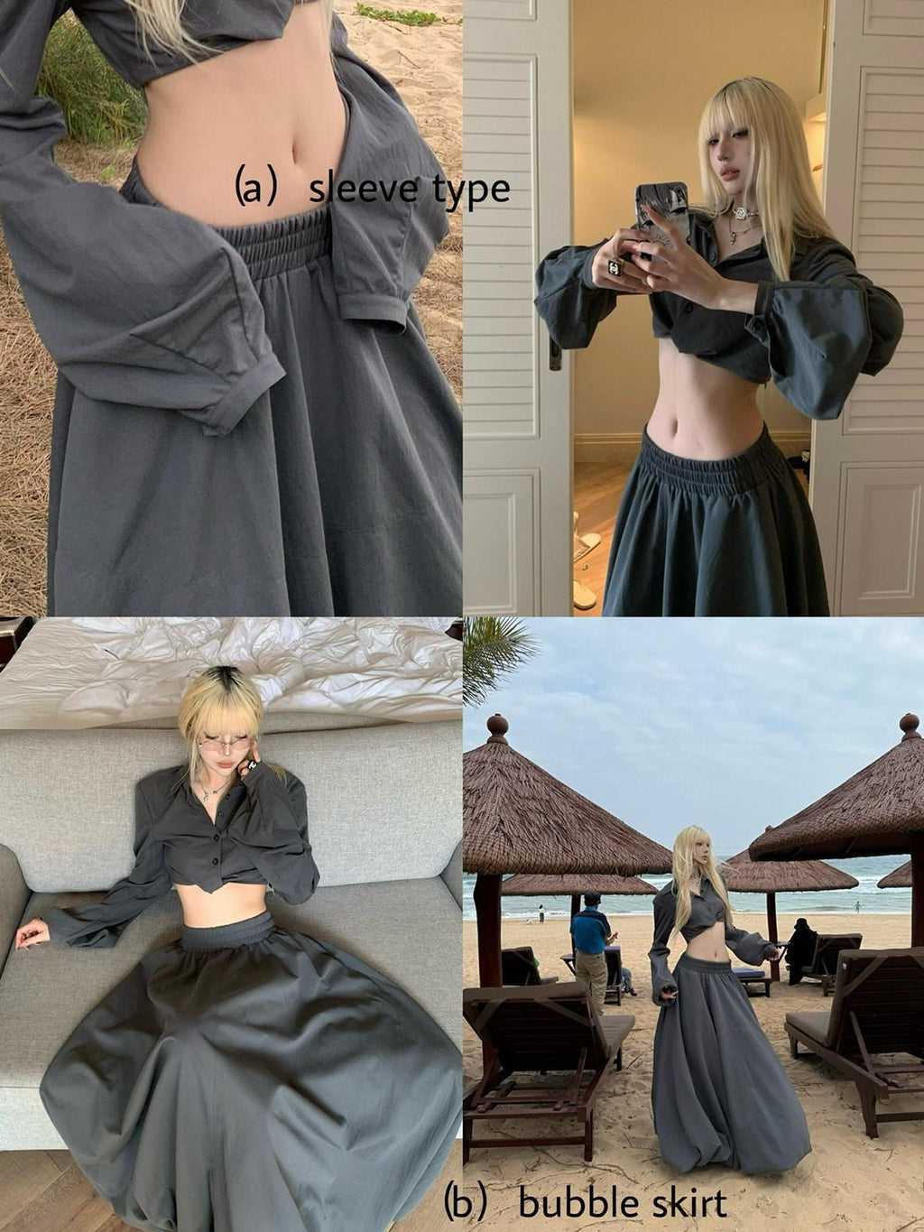 Rase le sol Relaxed Gray Cropped Shirt Tulip Hem Women's Matching Skirt Sets