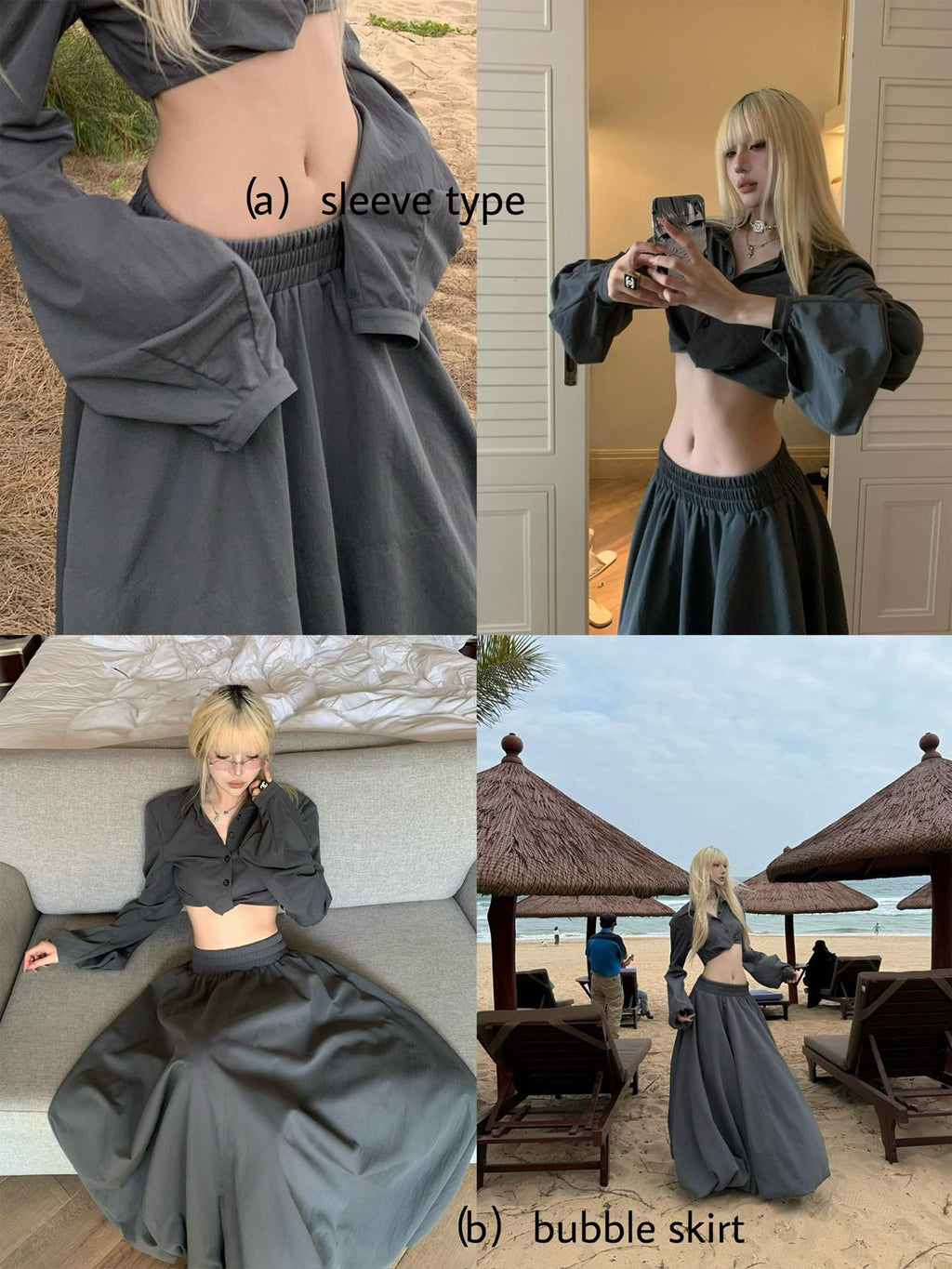 Rase le sol Relaxed Gray Cropped Shirt Tulip Hem Women's Matching Skirt Sets