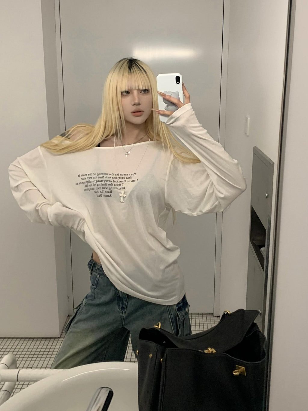 Rase le sol Relaxed Oversized Letter Print Boxy Coverup Women's Long Sleeve T-shirts
