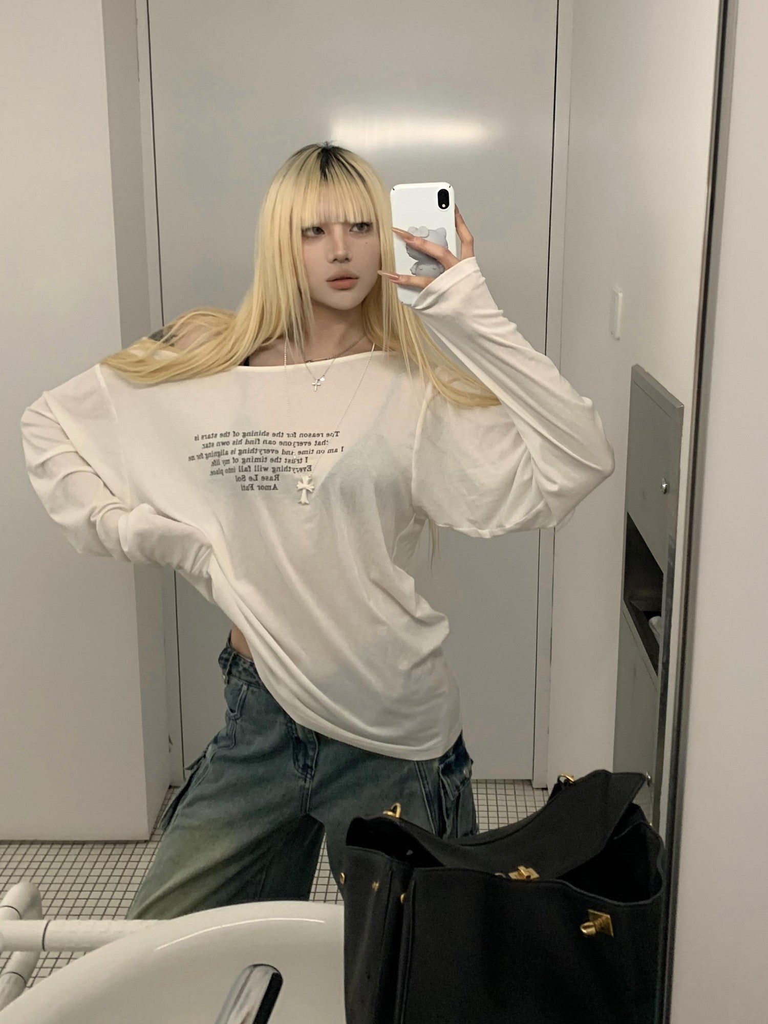 Rase le sol Relaxed Oversized Letter Print Boxy Coverup Women's Long Sleeve T-shirts