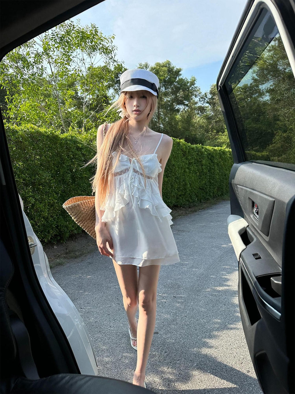 Rase le sol Ruffle Trim Mesh A Line Cinched Waist Women's Tulle Slip Mini Dresses