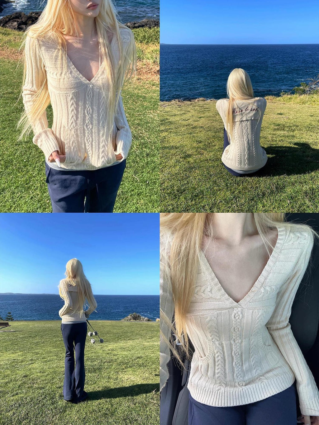 Rase le sol Sailor Collar Cable Knit Wool Blend Women's Sweaters