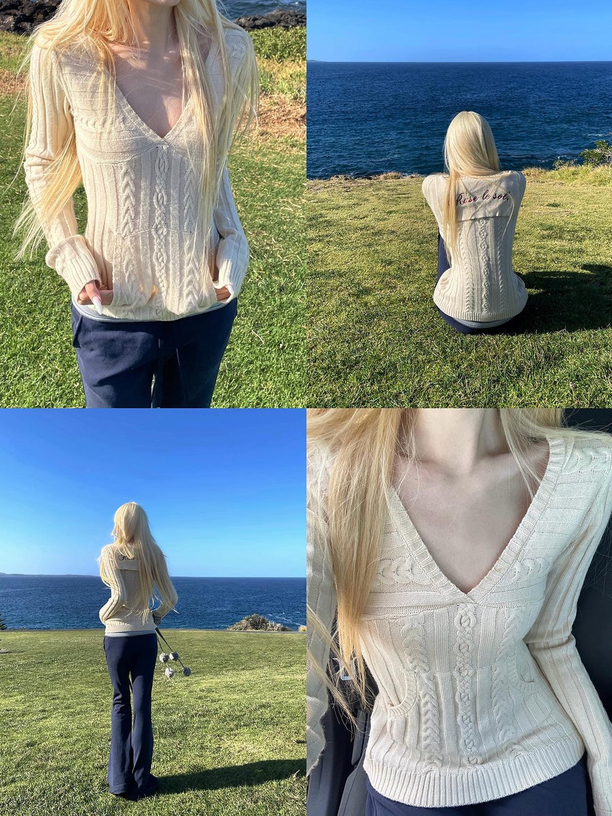 Rase le sol Sailor Collar Cable Knit Wool Blend Women's Sweaters
