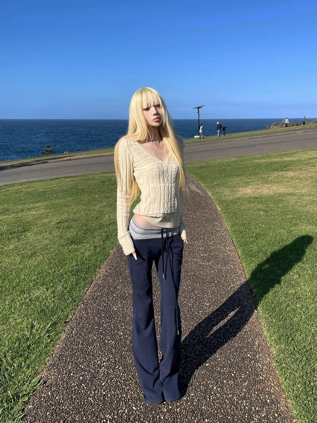 Rase le sol Sailor Collar Cable Knit Wool Blend Women's Sweaters