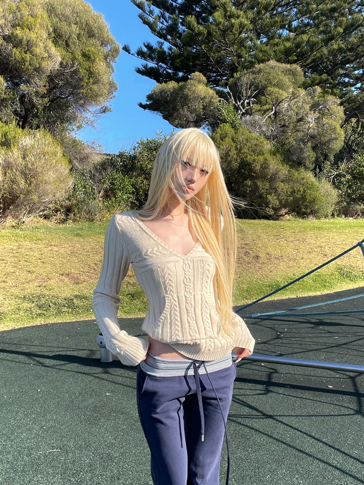 Rase le sol Sailor Collar Cable Knit Wool Blend Women's Sweaters