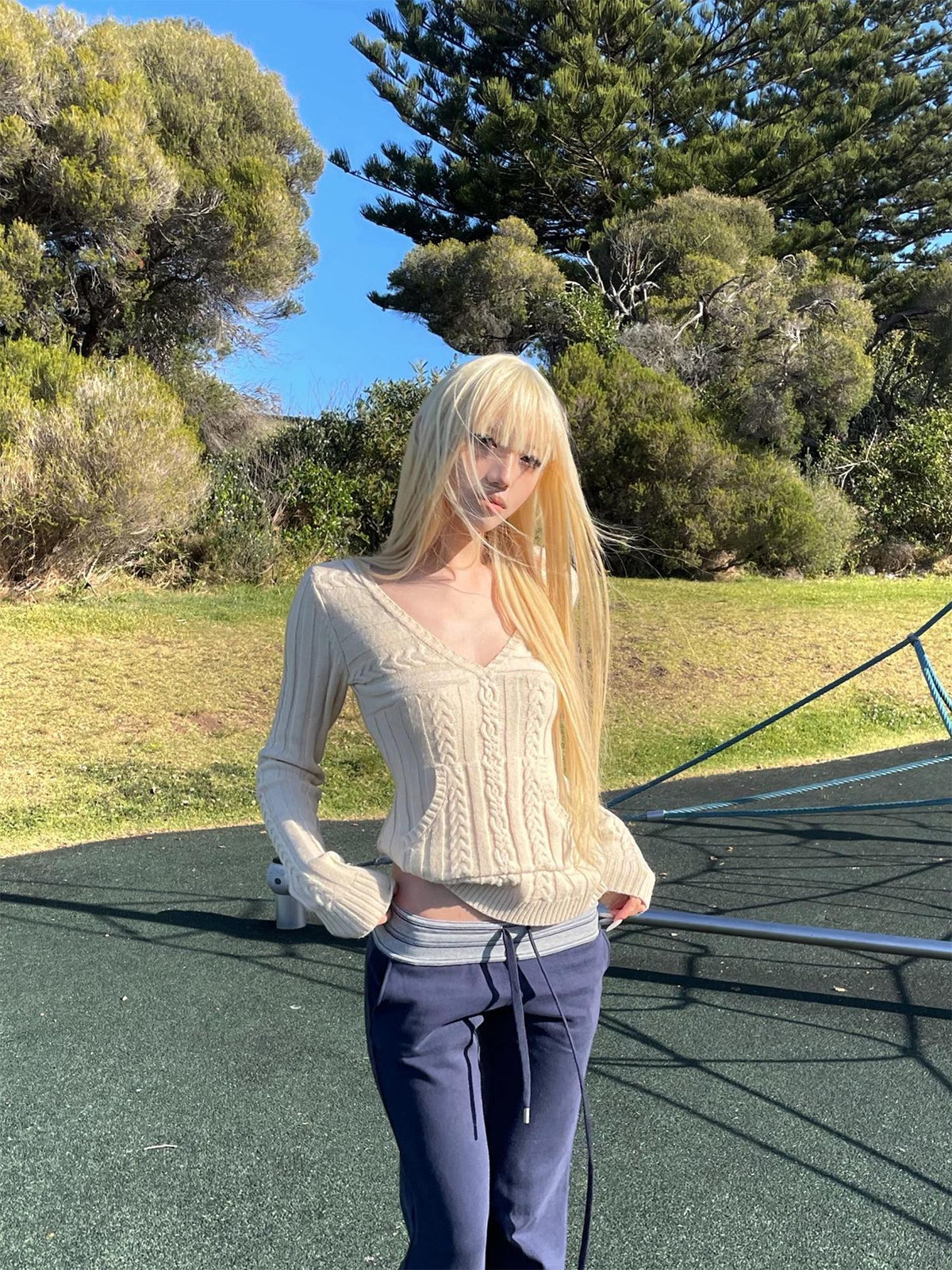 Rase le sol Sailor Collar Cable Knit Wool Blend Women's Sweaters