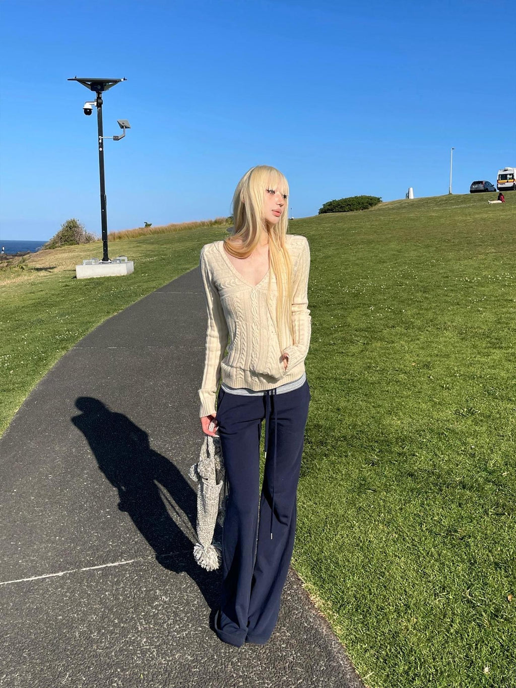 Rase le sol Sailor Collar Cable Knit Wool Blend Women's Sweaters
