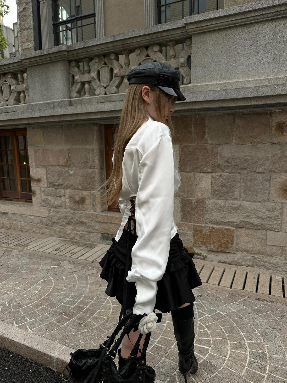 Rase le sol Satin Lace Up Waist Women's Polyester Long Sleeve Blouses