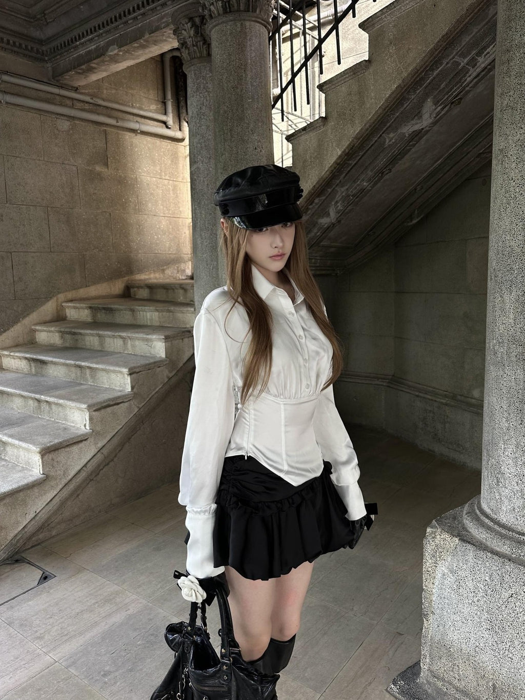 Rase le sol Satin Lace Up Waist Women's Polyester Long Sleeve Blouses