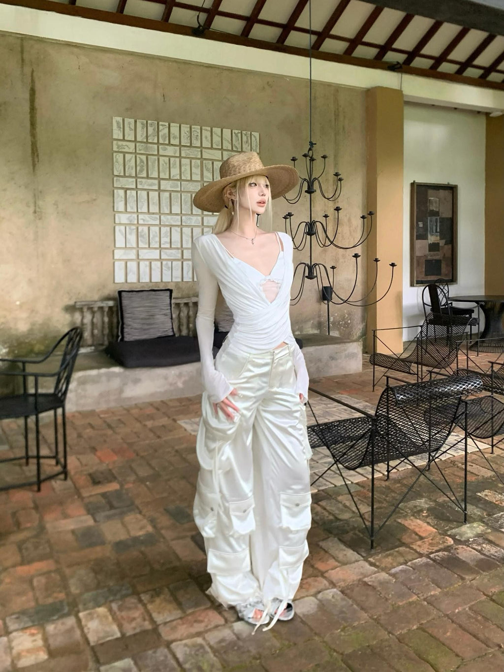 Rase le sol Satin Multi Pocket Cargo Low Waist Loose Straight Women's Wide-leg Pants