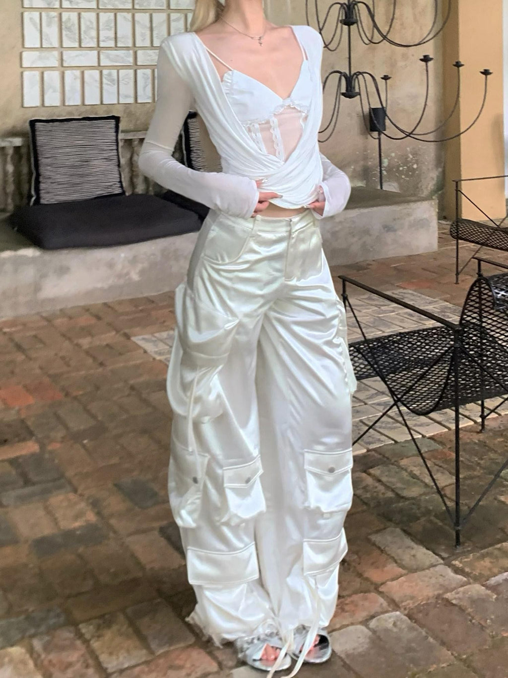 Rase le sol Satin Multi Pocket Cargo Low Waist Loose Straight Women's Wide-leg Pants