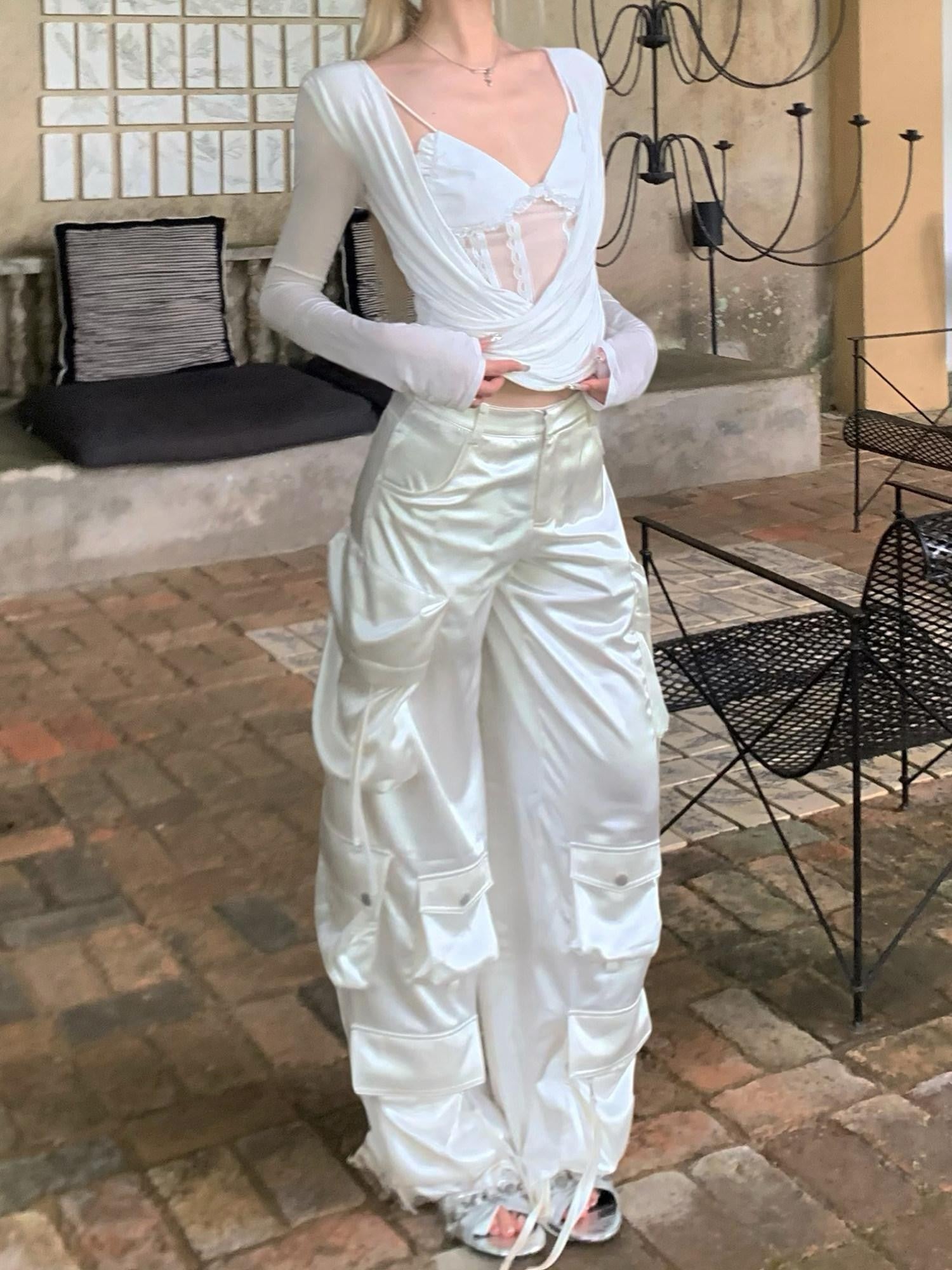 Rase le sol Satin Multi Pocket Cargo Low Waist Loose Straight Women's Wide-leg Pants