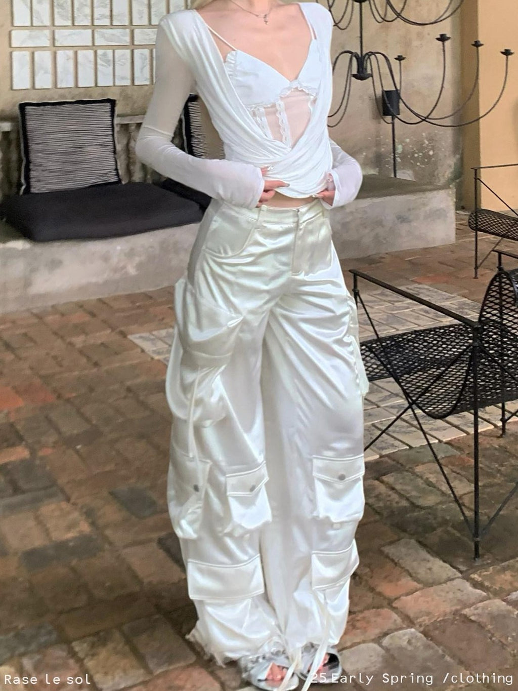 Rase le sol Satin Multi Pocket Cargo Low Waist Loose Straight Women's Wide-leg Pants