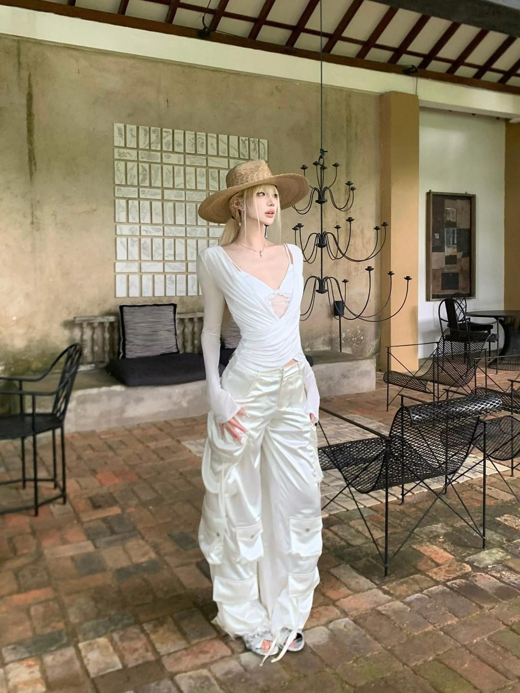 Rase le sol Satin Multi Pocket Cargo Low Waist Loose Straight Women's Wide-leg Pants