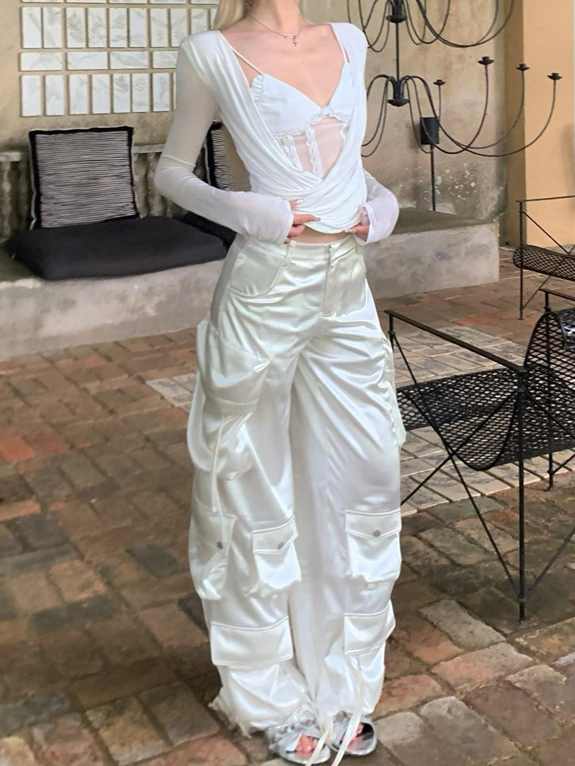 Rase le sol Satin Multi Pocket Cargo Low Waist Loose Straight Women's Wide-leg Pants