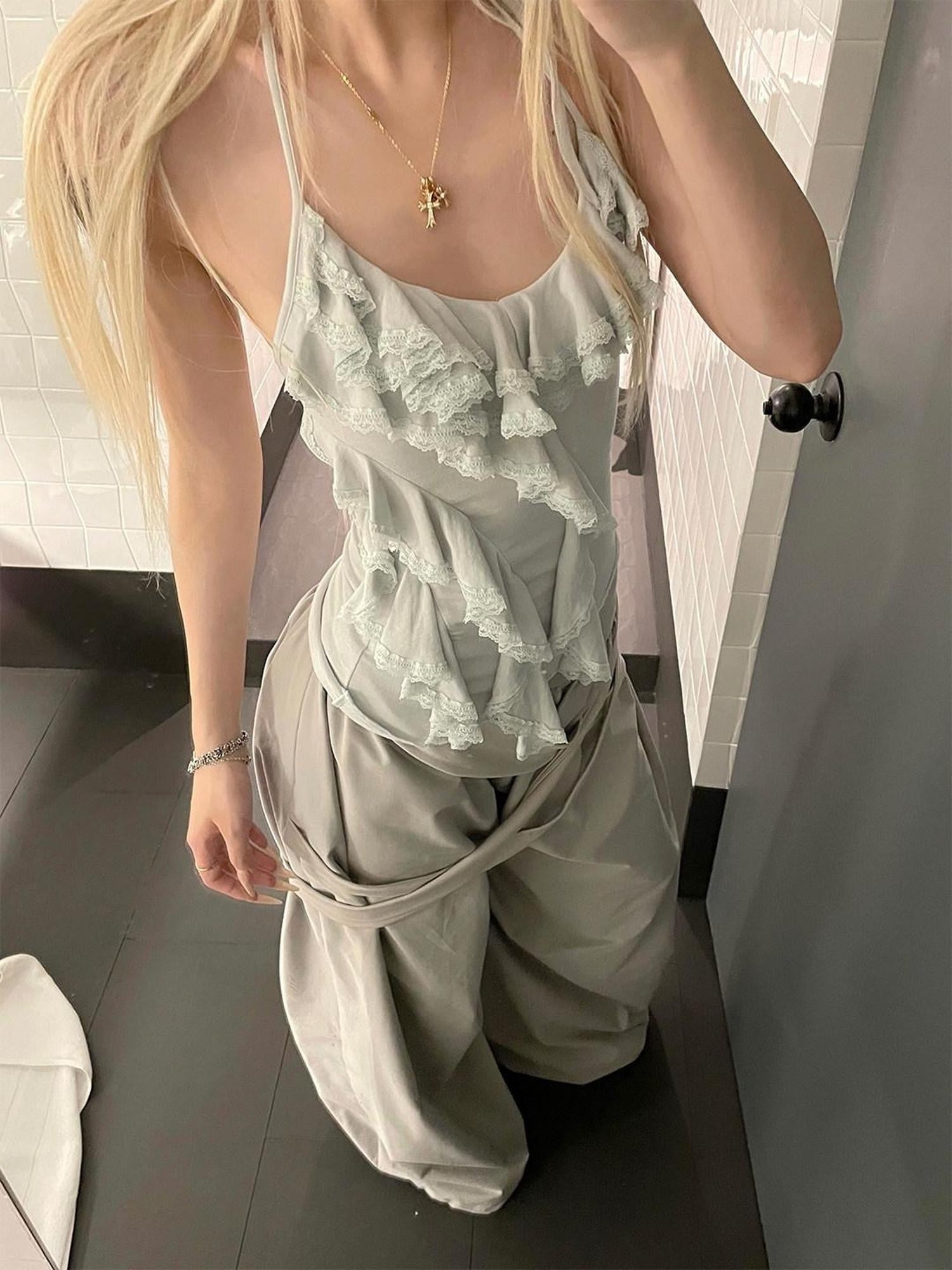 Rase le sol Sea Salt Mint Ruffle Ribbon Tie Neck Halter Women's Halter Tops