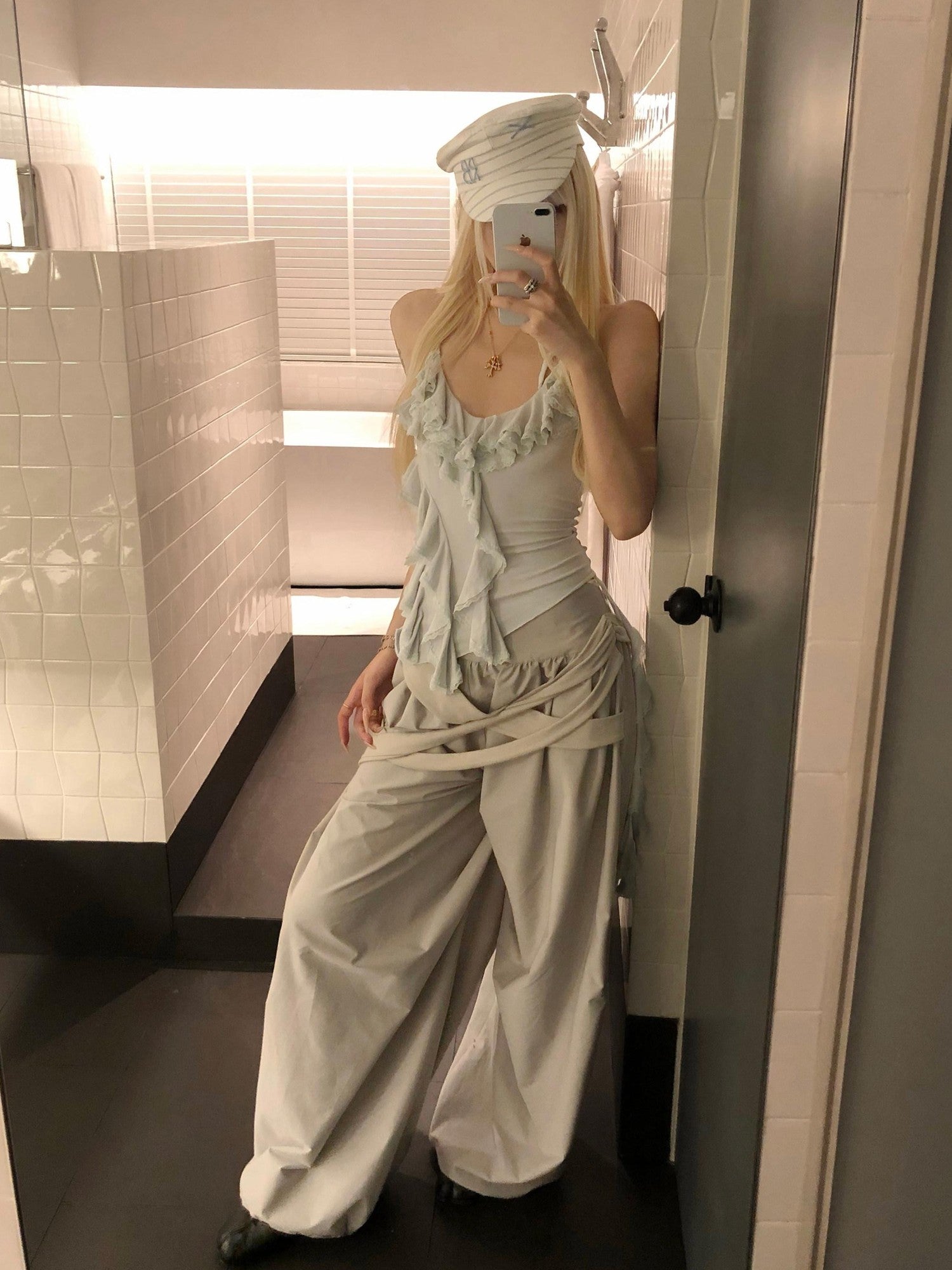 Rase le sol Sea Salt Mint Ruffle Ribbon Tie Neck Halter Women's Halter Tops