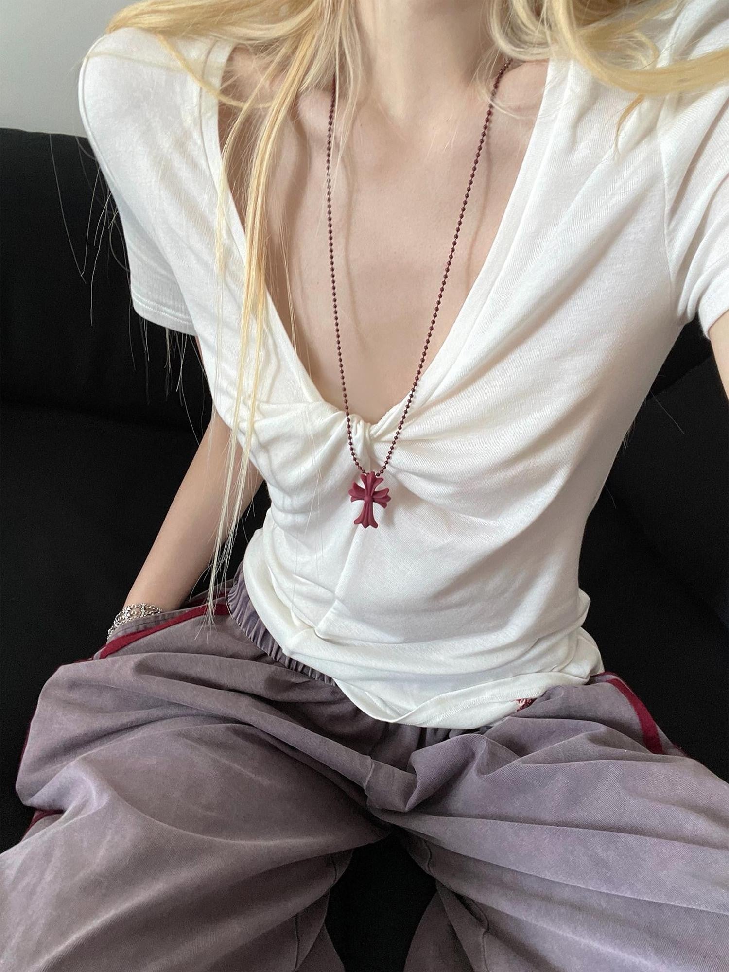 Rase le sol Set Shoulder V-neck Women's Tencel Wool Short Sleeve T-shirts