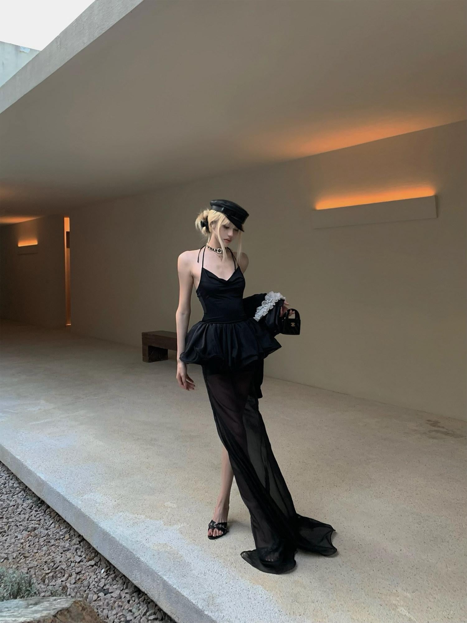 Rase le sol Sheer Halter Bustier Bubble Hem Women's Tulle Slip Maxi Dresses