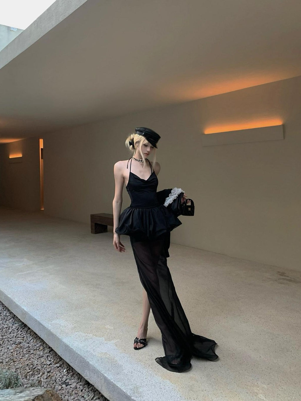 Rase le sol Sheer Halter Bustier Bubble Hem Women's Tulle Slip Maxi Dresses
