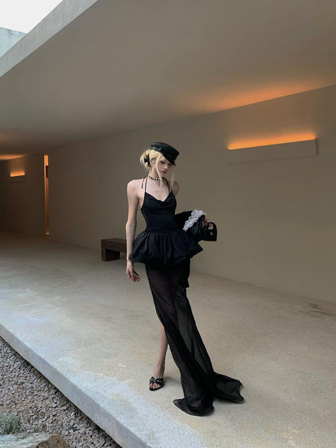 Rase le sol Sheer Halter Bustier Bubble Hem Women's Tulle Slip Maxi Dresses