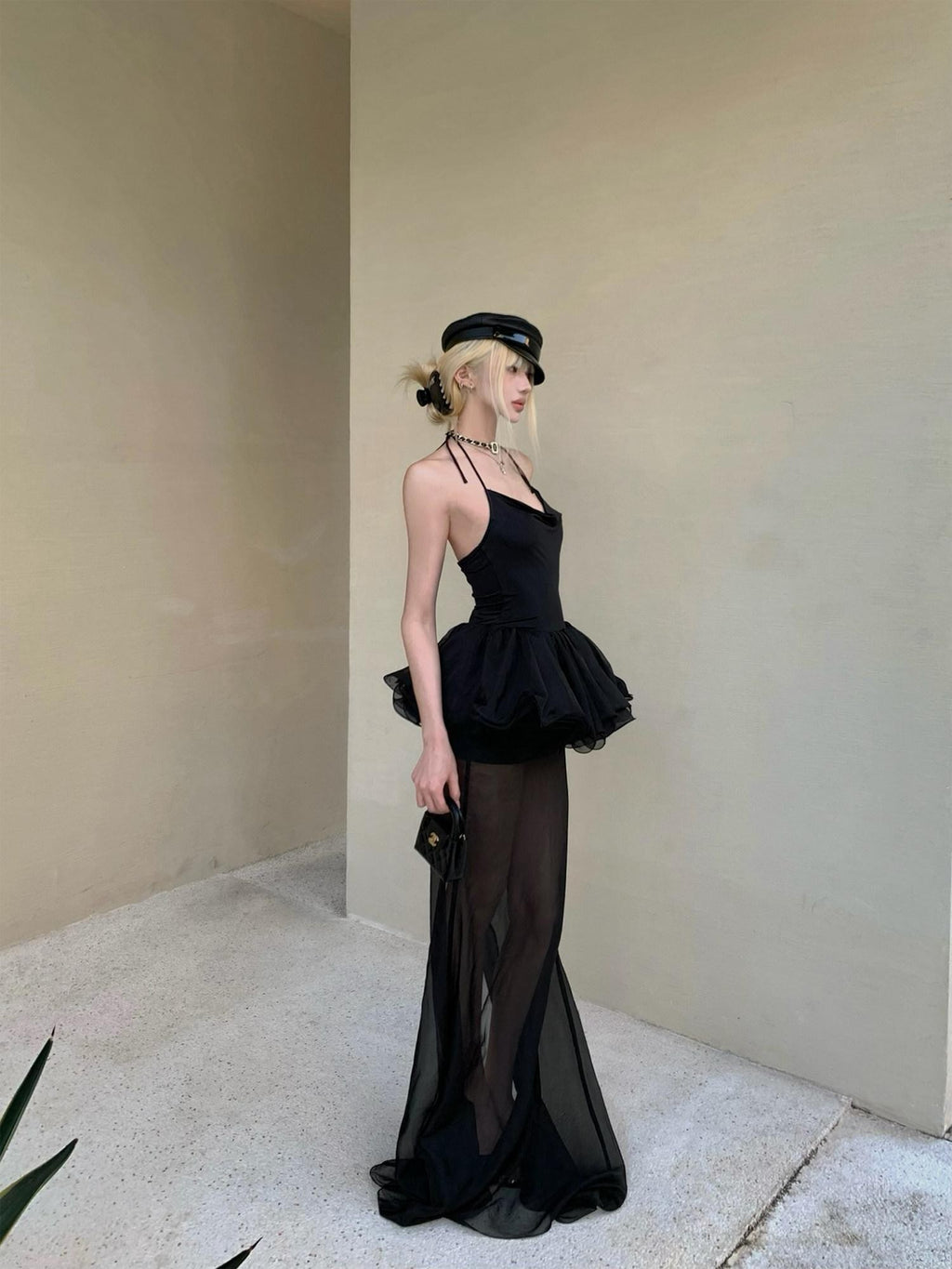 Rase le sol Sheer Halter Bustier Bubble Hem Women's Tulle Slip Maxi Dresses
