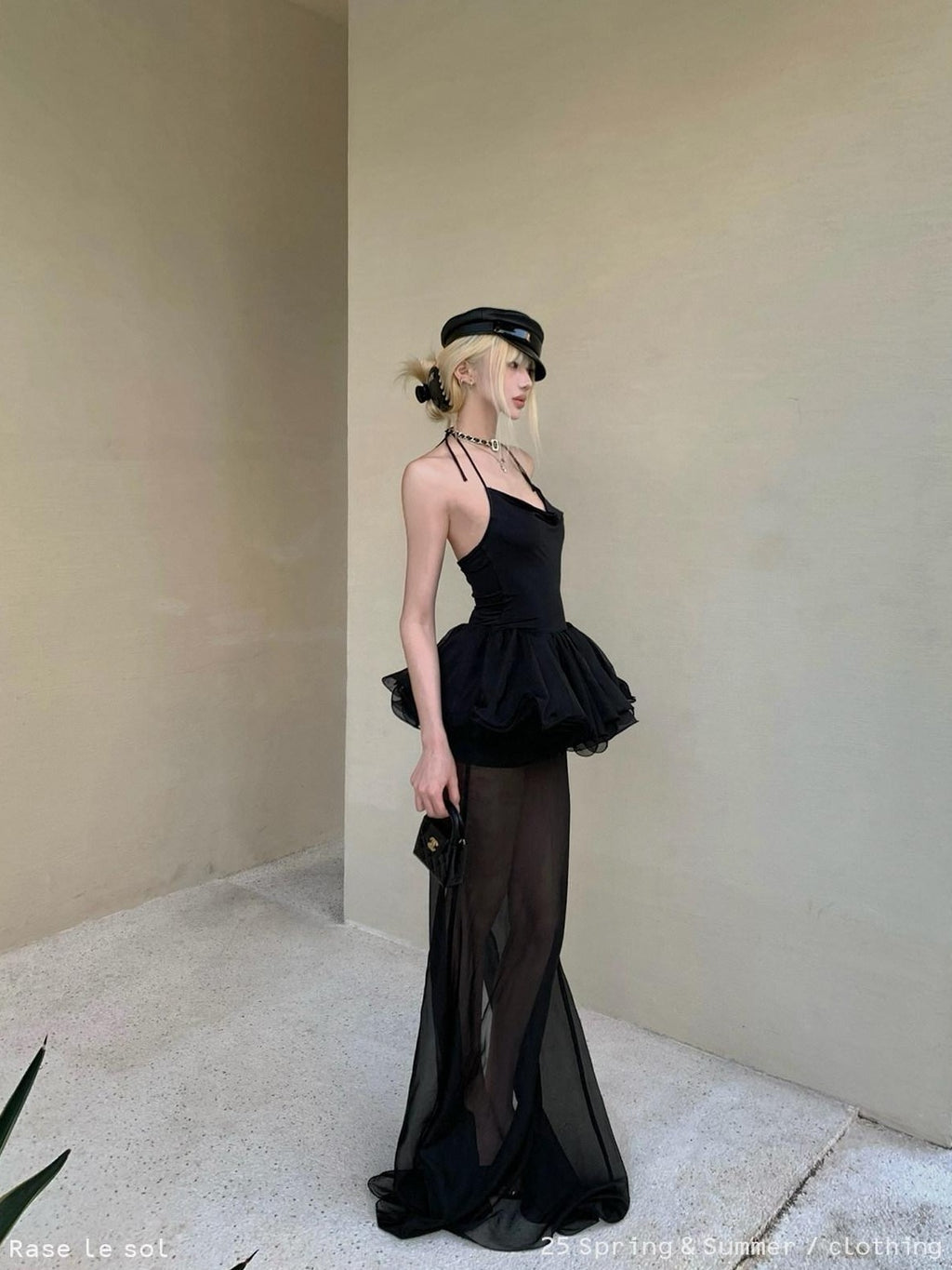 Rase le sol Sheer Halter Bustier Bubble Hem Women's Tulle Slip Maxi Dresses