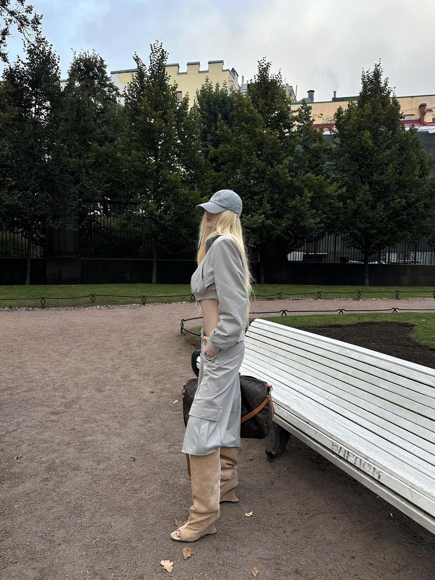 Rase le sol Short Padded Jacket Cargo Wide Leg Women's Cotton Casual Top & Pants Sets