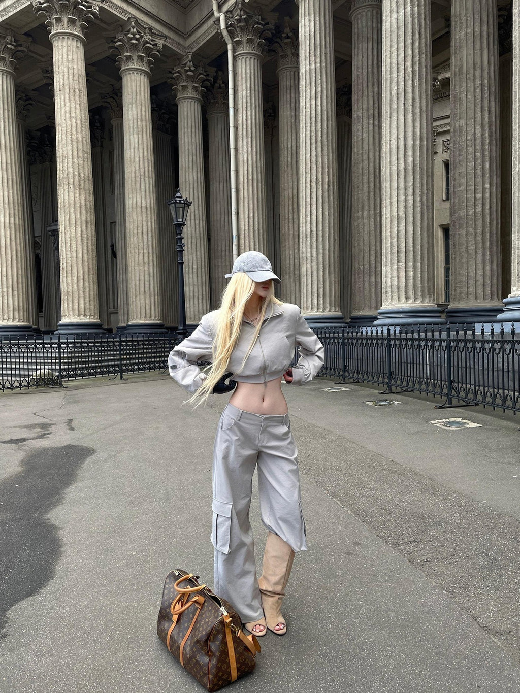 Rase le sol Short Padded Jacket Cargo Wide Leg Women's Cotton Casual Top & Pants Sets