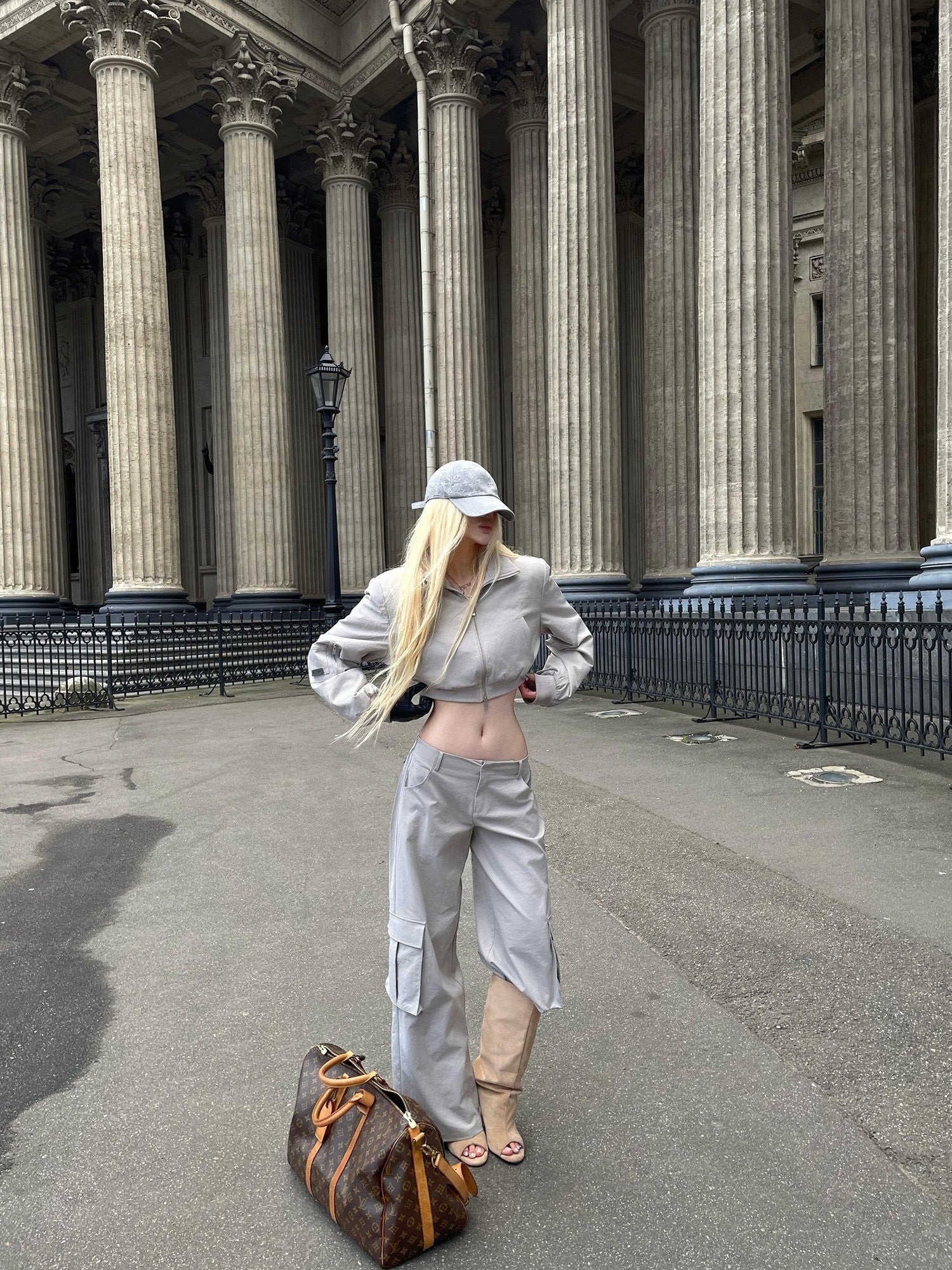 Rase le sol Short Padded Jacket Cargo Wide Leg Women's Cotton Casual Top & Pants Sets