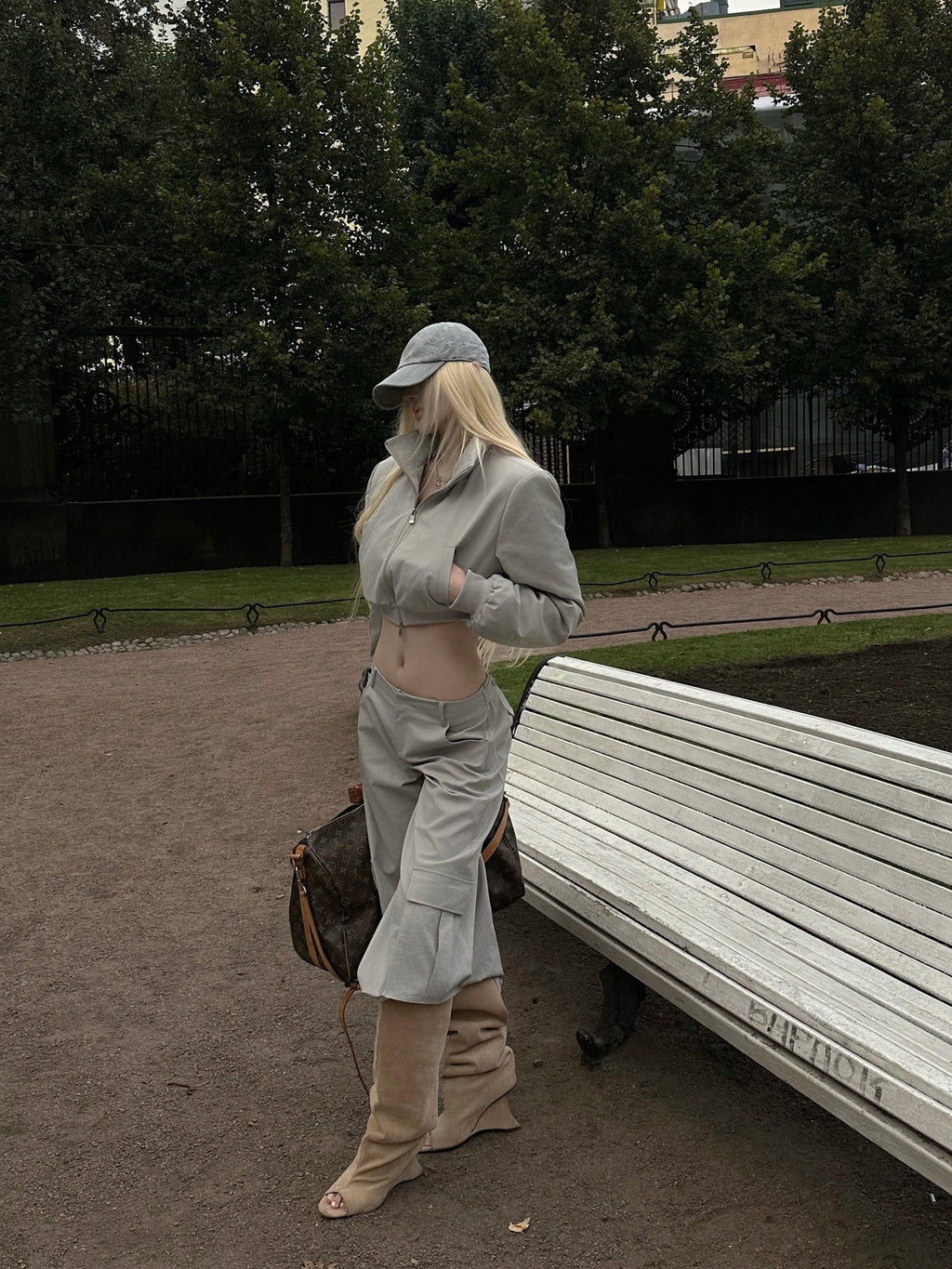 Rase le sol Short Padded Jacket Cargo Wide Leg Women's Cotton Casual Top & Pants Sets