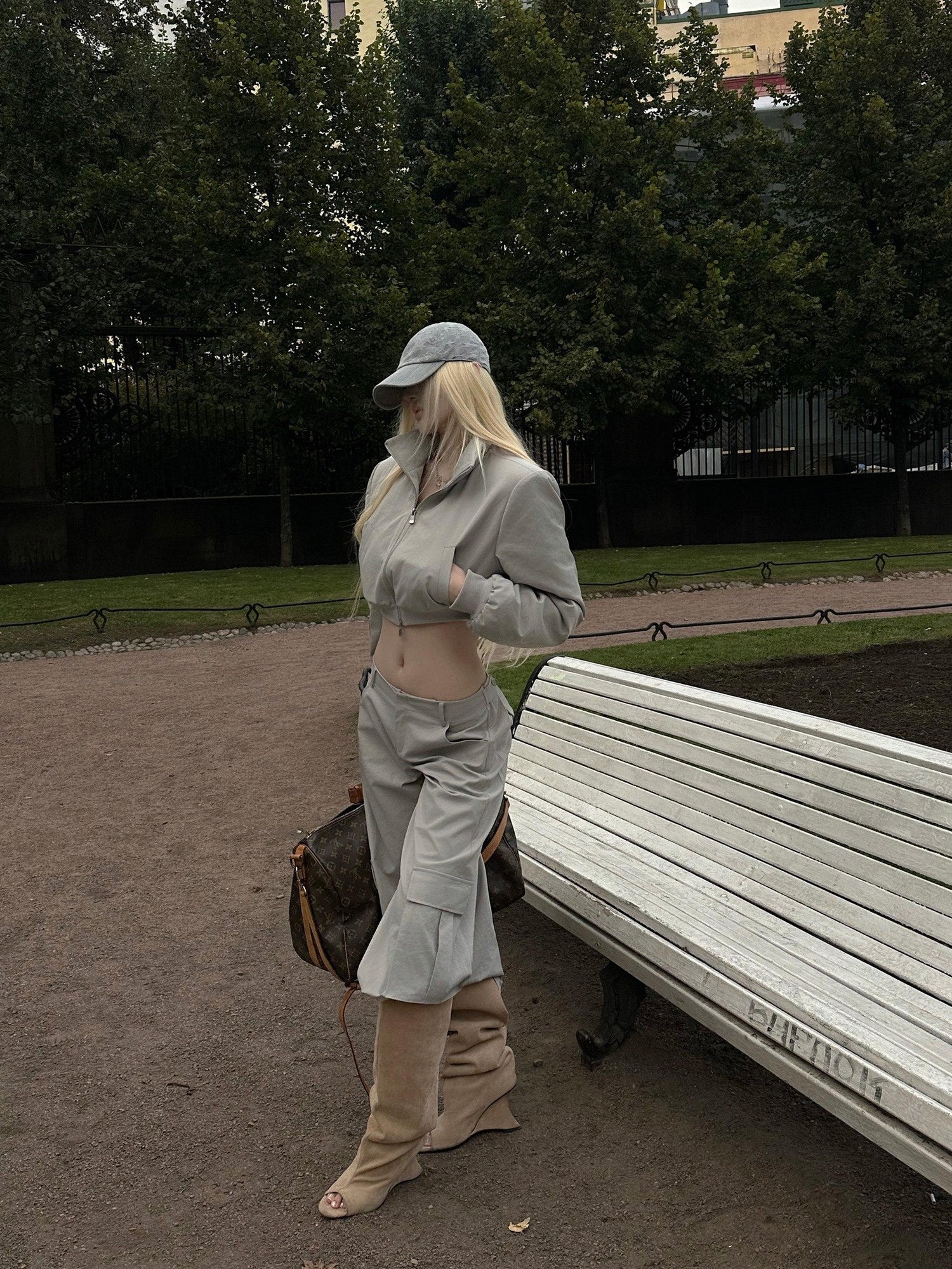 Rase le sol Short Padded Jacket Cargo Wide Leg Women's Cotton Casual Top & Pants Sets