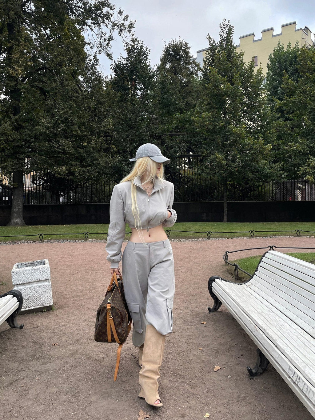 Rase le sol Short Padded Jacket Cargo Wide Leg Women's Cotton Casual Top & Pants Sets