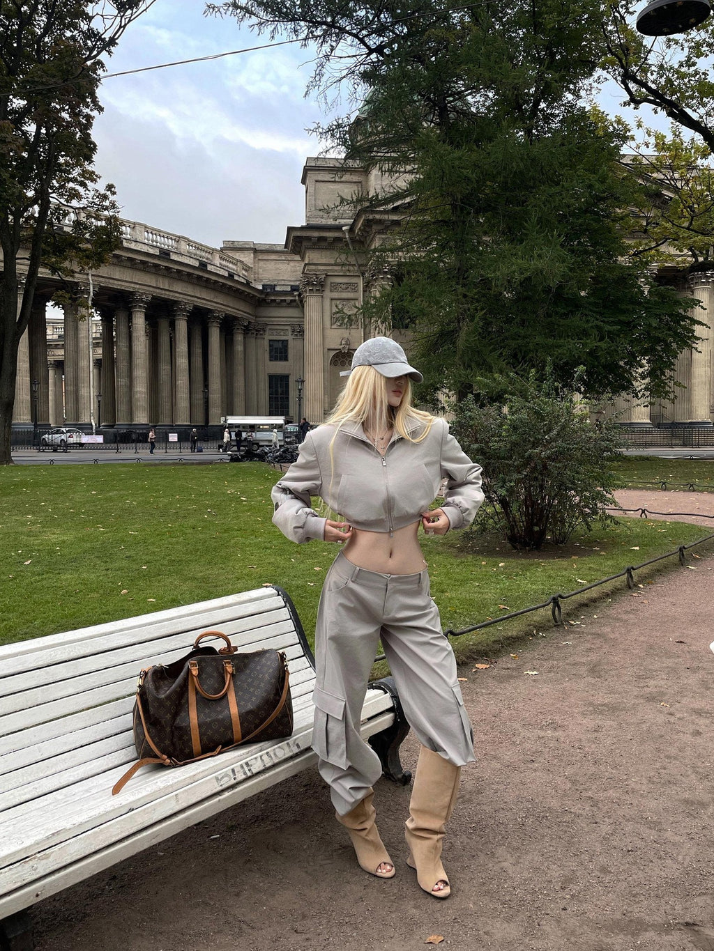 Rase le sol Short Padded Jacket Cargo Wide Leg Women's Cotton Casual Top & Pants Sets
