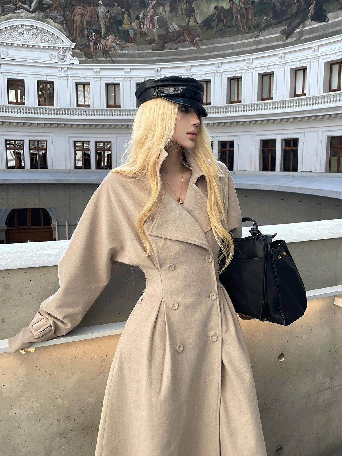 Rase le sol Slim Fit High Waist Double Breasted Long Sleeve Women's Wool Coats