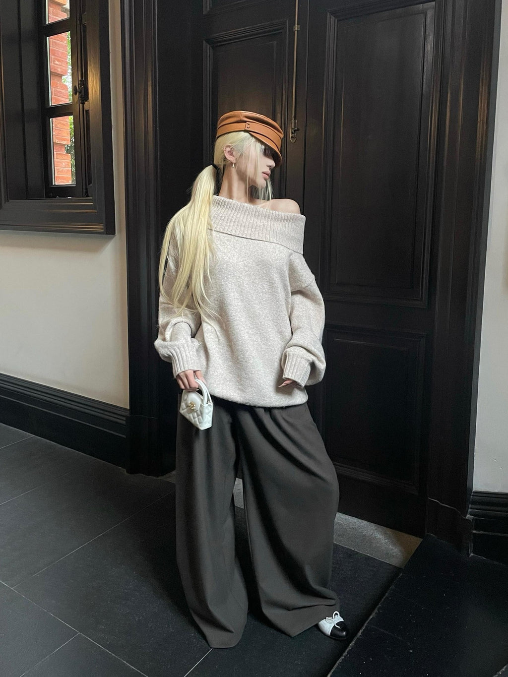 Rase le sol Soft Fuzzy Textured Off Shoulder Women's Relaxed Loose Knit Sweaters