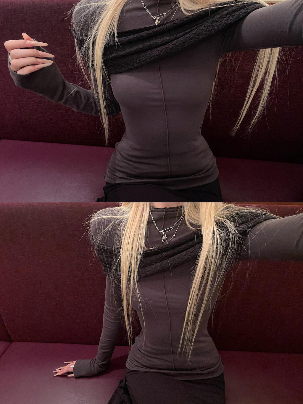Rase le sol Spliced Panel Fitted Women's Tencel Wool Long Sleeve T-shirts