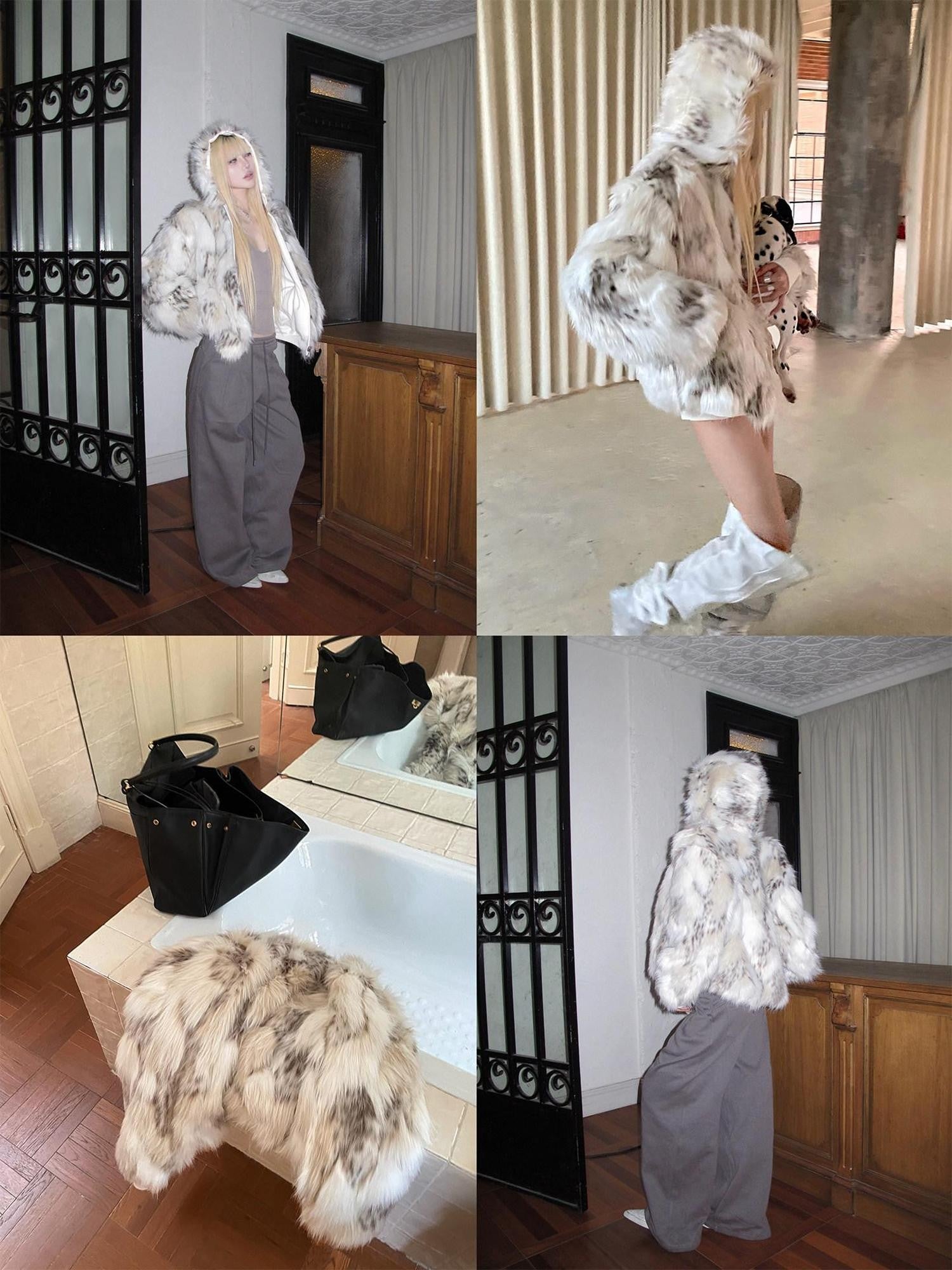 Rase le sol Spotty Reversible Plush Lined Thick Shaggy Women's Eco Friendly Faux Fur Coats