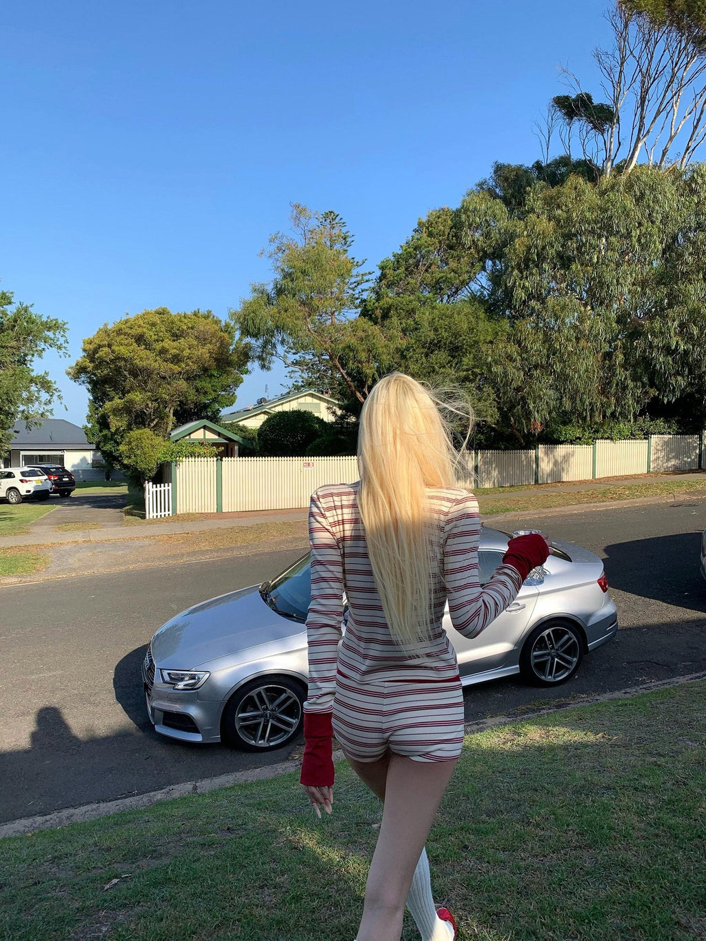 Rase le sol Strawberry Layers Striped Knit Cardigan Women's Knit Casual Top & Shorts Sets