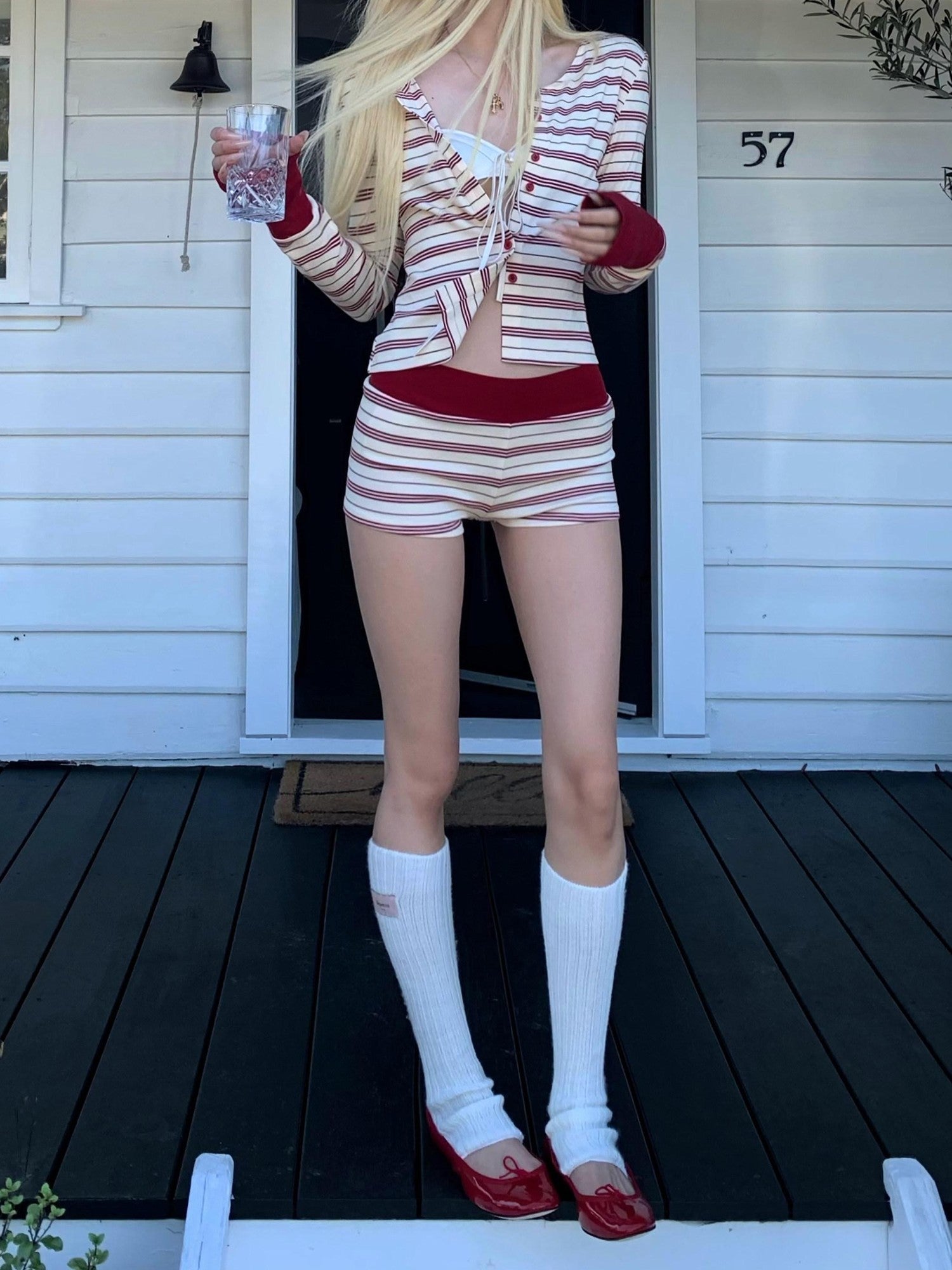 Rase le sol Strawberry Layers Striped Knit Cardigan Women's Knit Casual Top & Shorts Sets