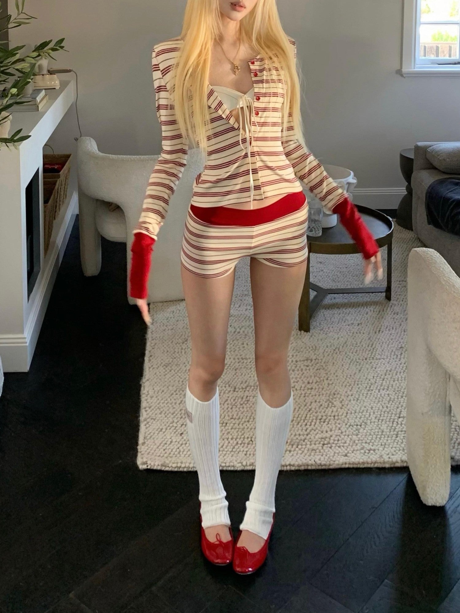 Rase le sol Strawberry Layers Striped Knit Cardigan Women's Knit Casual Top & Shorts Sets