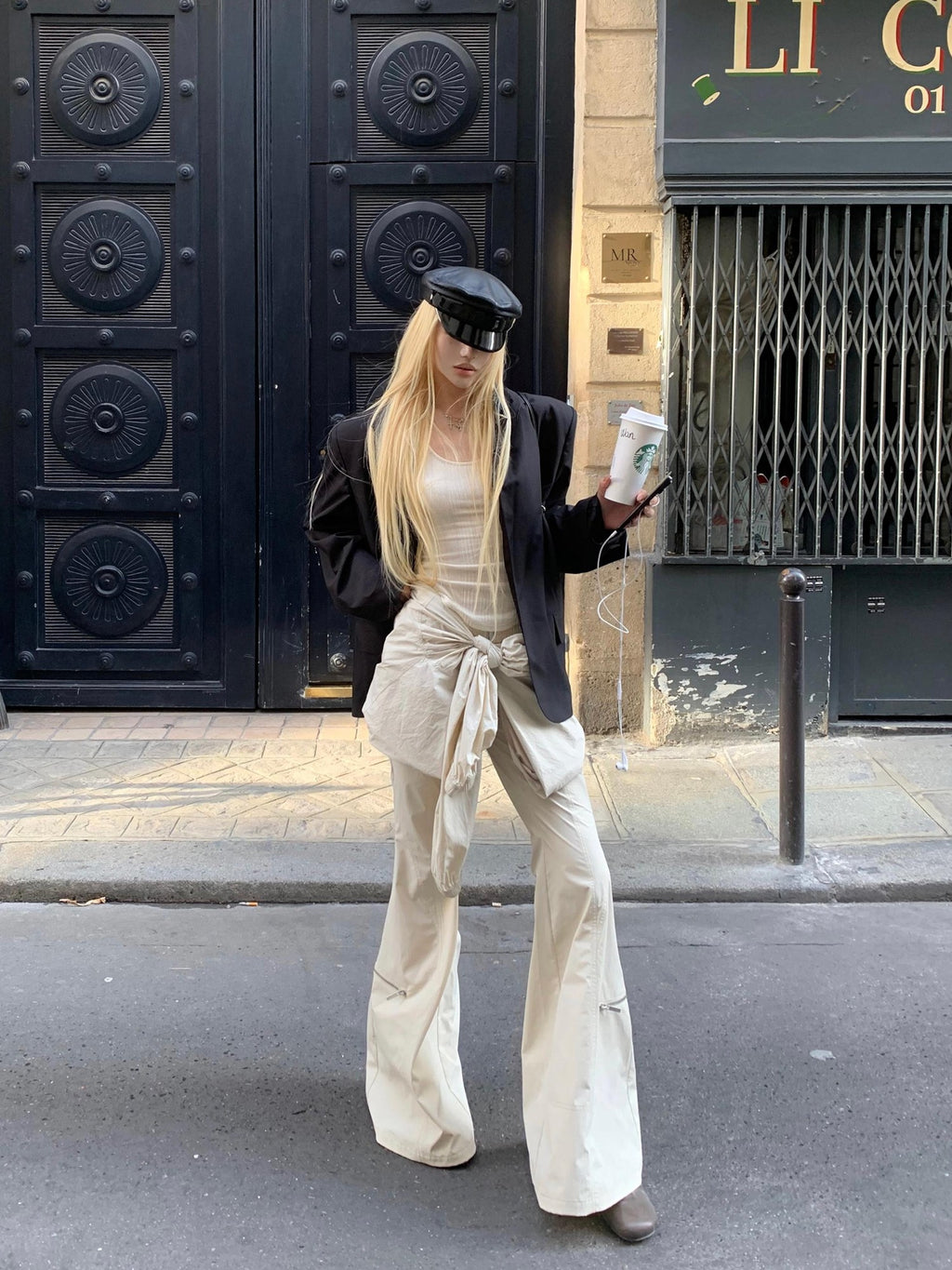 Rase le sol Streetwear Lace Up Low Waist Faux Layered Women's Nylon Flare Pants